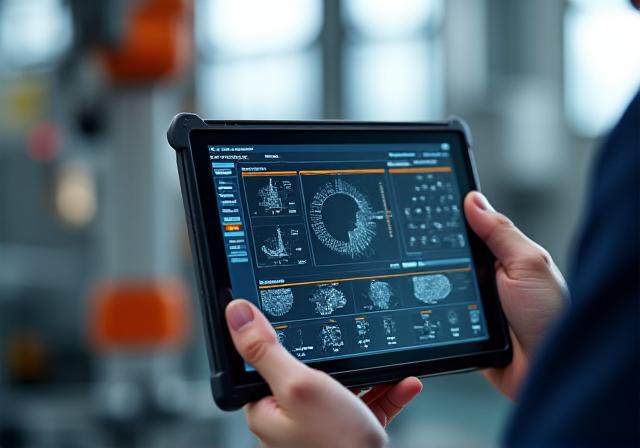 Technik analizujący dane z kontrolera robota na tablecie